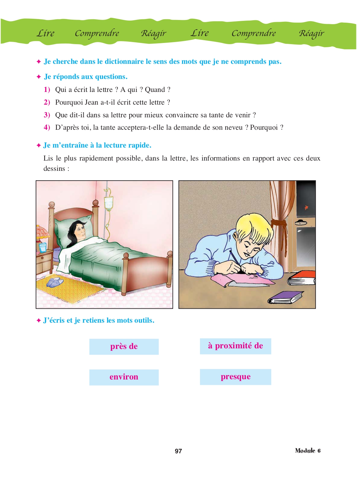 Page 97 du manuel : questions de compréhension et lecture rapide